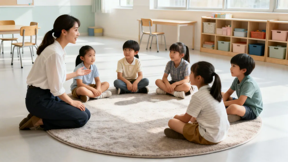 A female teacher kneels on a rug, talking to five young children sitting in a circle.