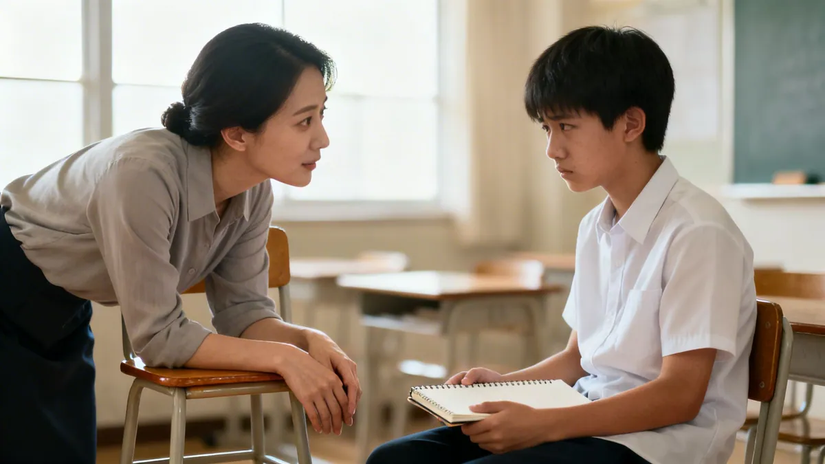 A female teacher leans on a chair, intently listening to a male student in a classroom.