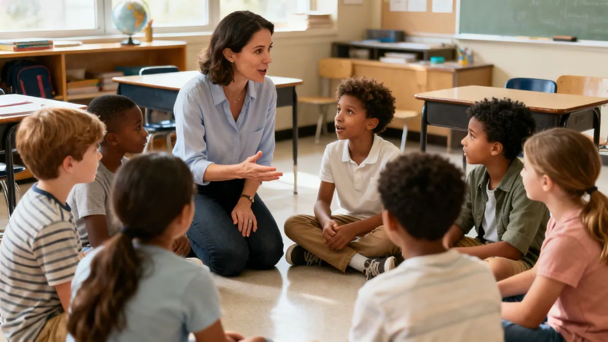 A female teacher sits on the floor with diverse elementary school children, engaging in a classroom discussion.