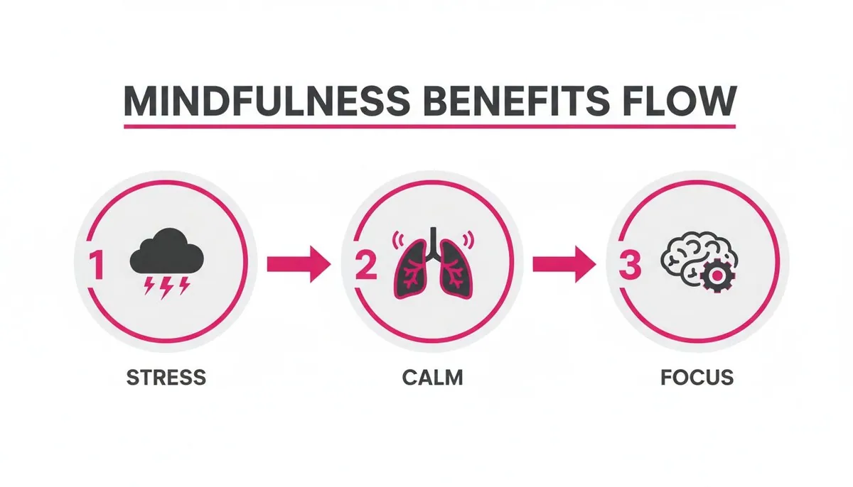 A flow chart illustrates how mindfulness leads from stress reduction to calm and improved focus.