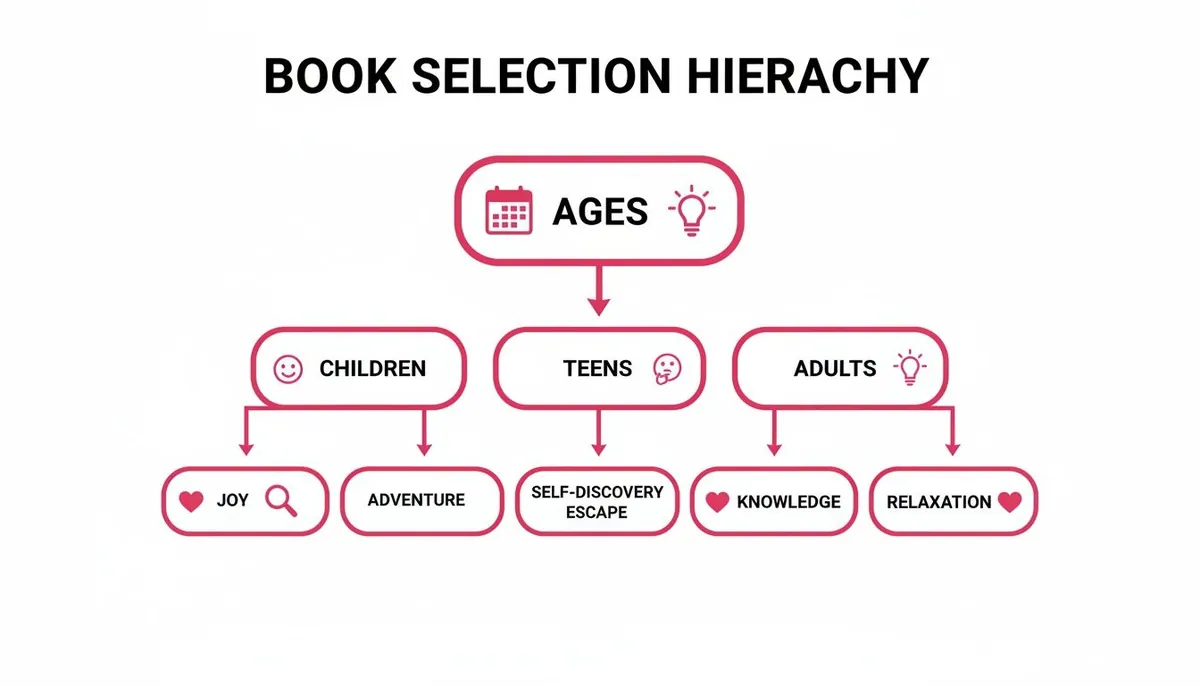 A flowchart showing book selection hierarchy by age group: Children, Teens, and Adults, with associated interests.