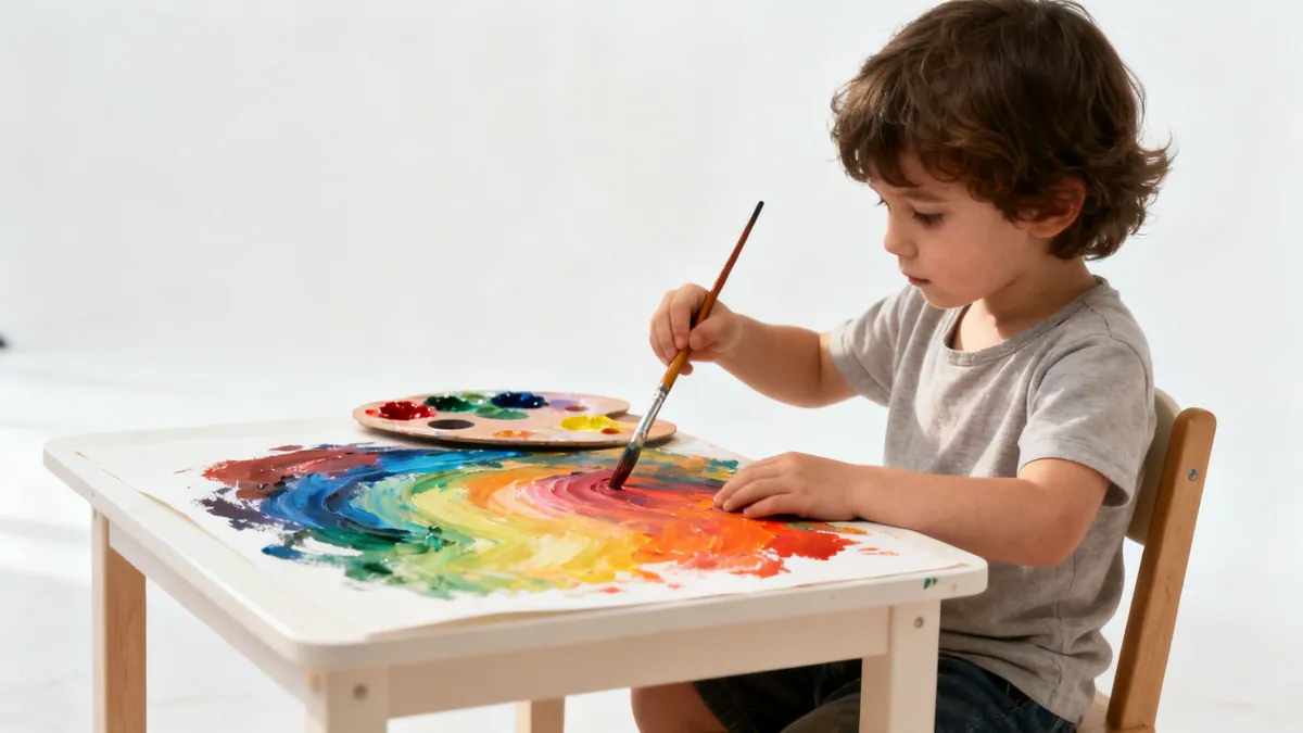 A focused child paints a colorful spiral on paper with a paintbrush at a small table.