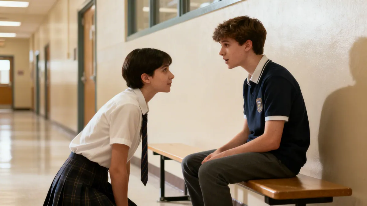 A girl in school uniform kneels to talk with a boy sitting on a bench in a hallway.