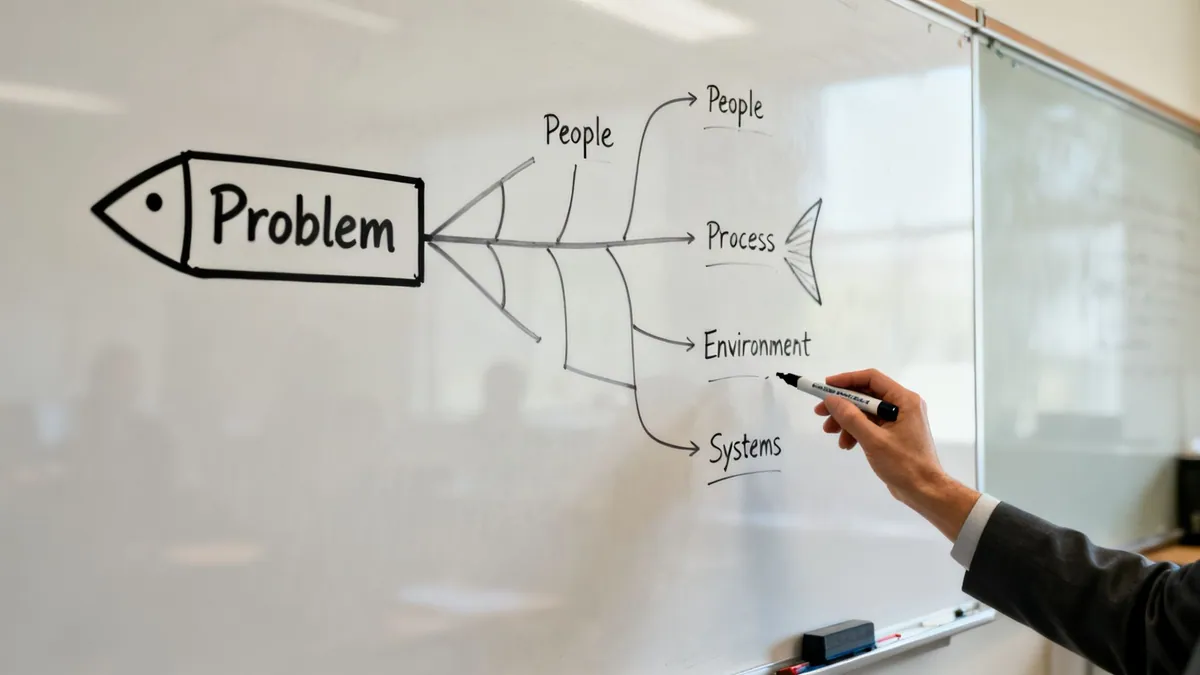 A hand drawing a fishbone diagram on a whiteboard, detailing a problem with categories: people, process, environment, and systems.