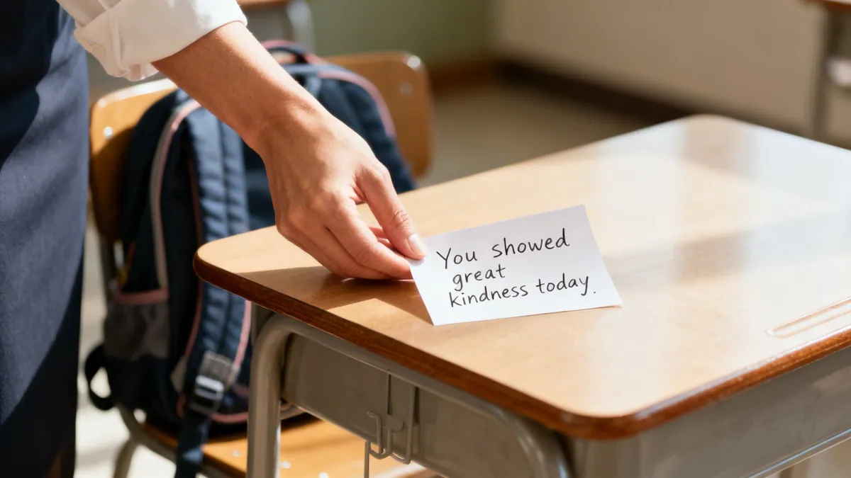 A hand gently places a handwritten note, 'You showed great kindness today,' on a wooden school desk.