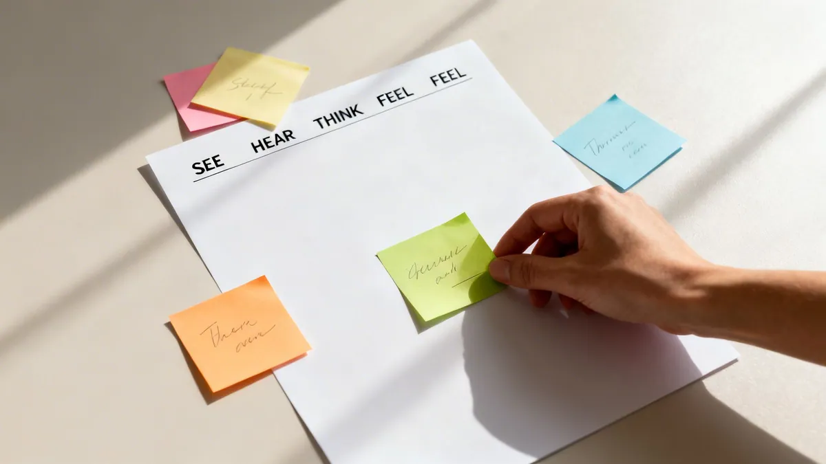 A hand places a green sticky note on an empathy map paper with 'SEE', 'HEAR', 'THINK', 'FEEL' sections, with other colorful notes.