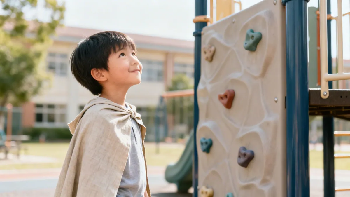 A happy boy in a cape looks up at a climbing wall on a sunny school playground.