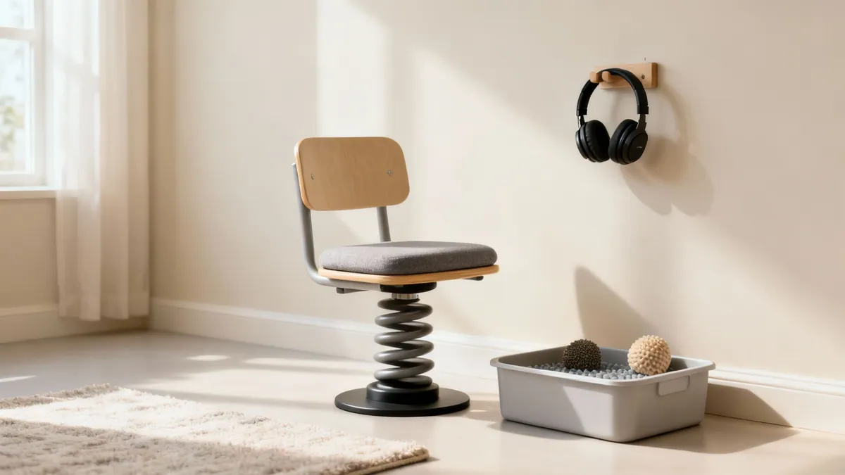 A modern room with a unique spring-based chair, headphones on the wall, and a container of textured balls.