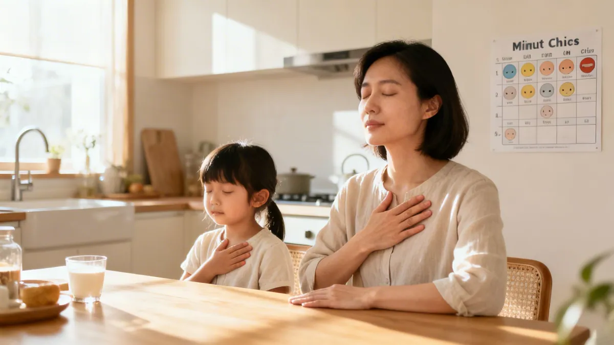 A mother and daughter meditate in a bright kitchen, eyes closed, hands on their chests.