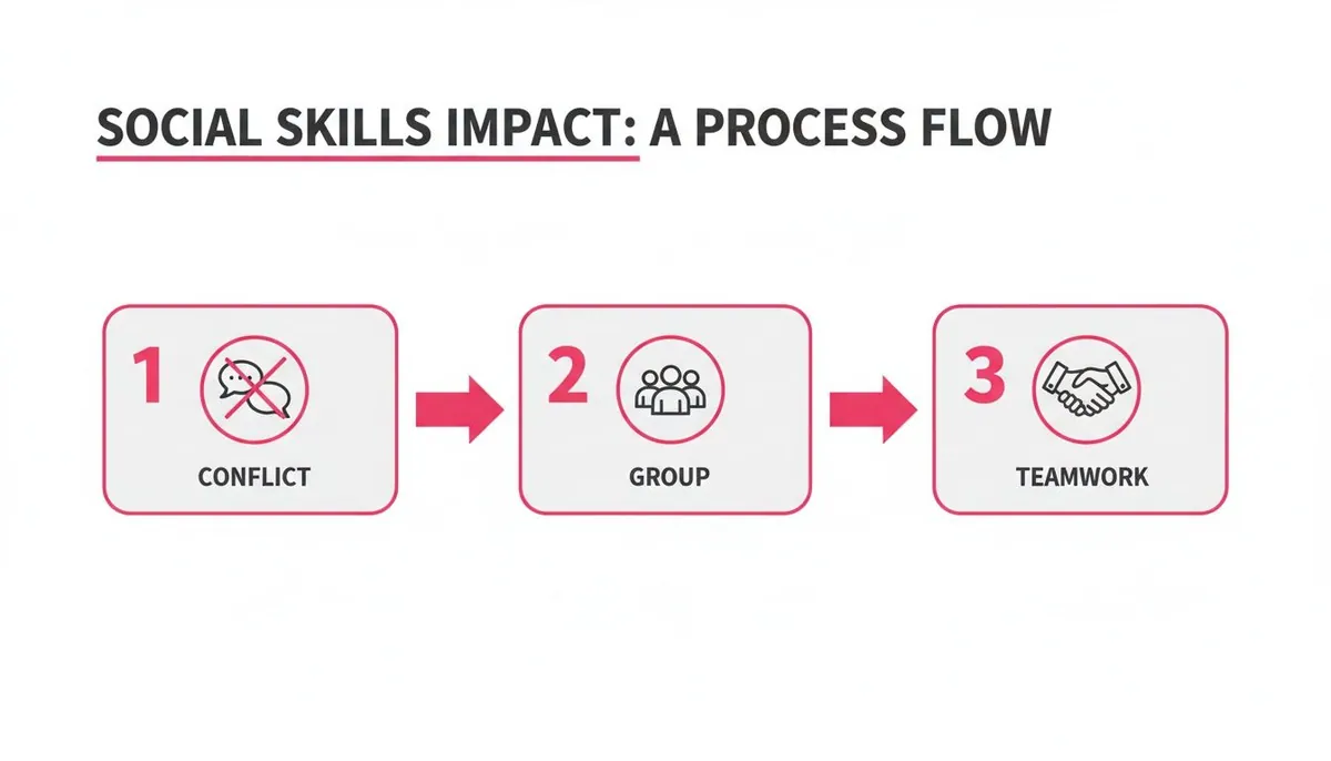 A process flow illustrating social skills impact, moving from resolving conflict to group collaboration and teamwork.