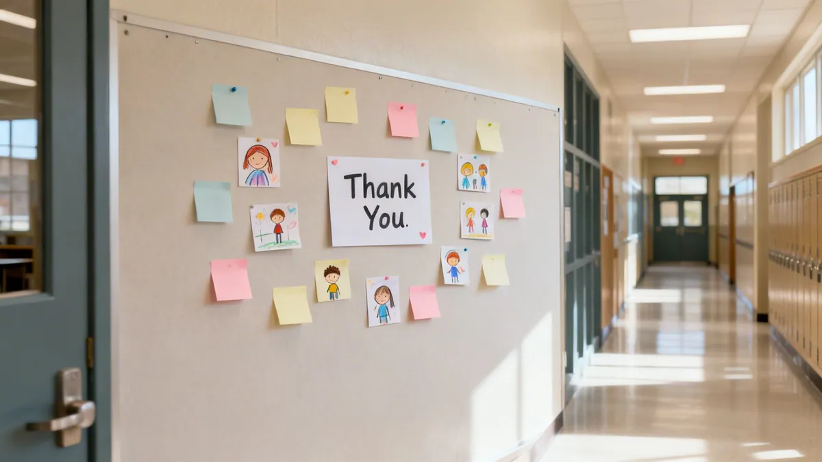 A school bulletin board featuring a 'Thank You' sign and children's drawings in a bright hallway.