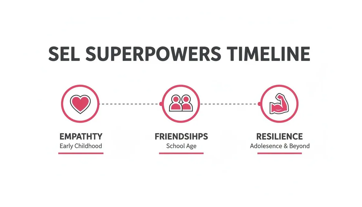 A SEL Superpowers Timeline: empathy in early childhood, friendships in school age, and resilience in adolescence.