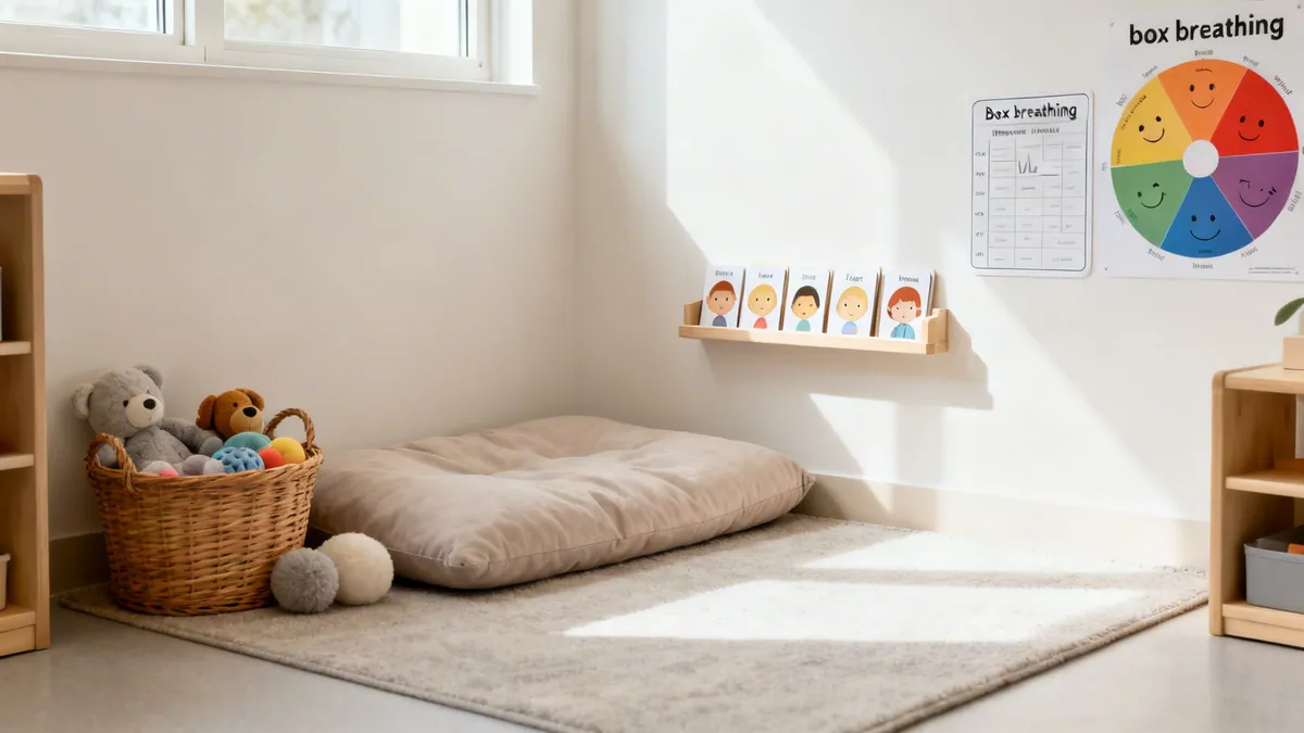 A serene children's calm corner with an emotion wheel, breathing chart, toys, and cushion.