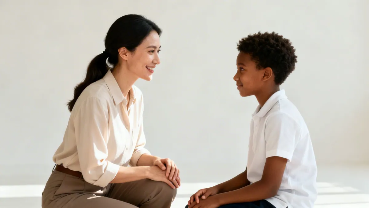 A smiling Asian woman actively listening to a young Black boy with curly hair.