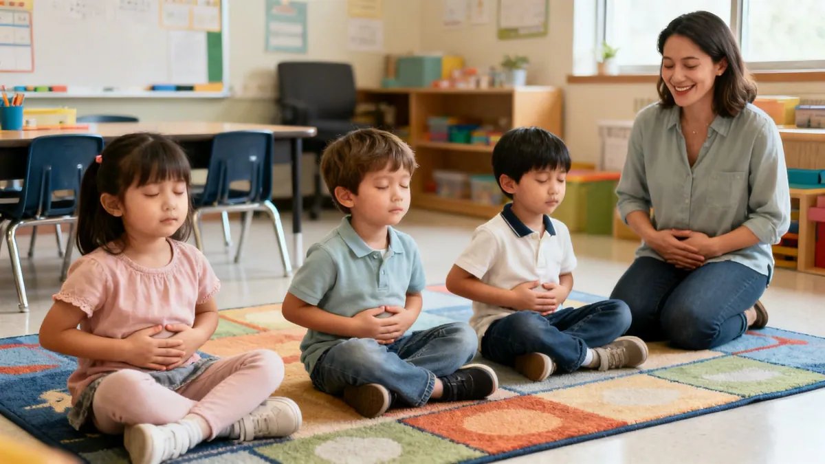 A smiling teacher guides three young children in a mindfulness exercise in a classroom.