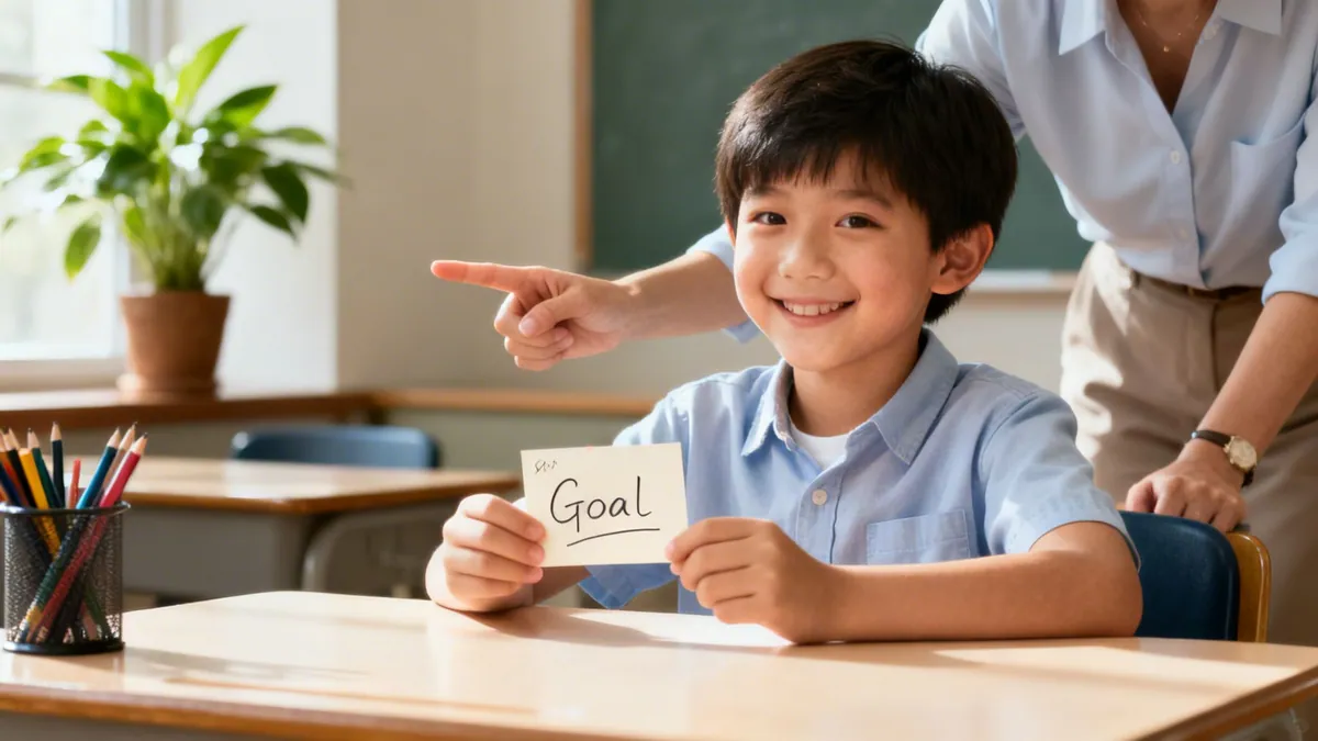A smiling young Asian student holds a "Goal" card while a teacher points in a classroom.