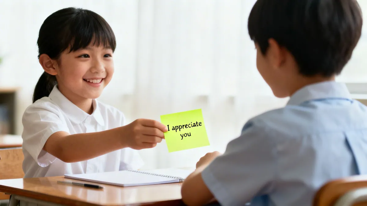 A smiling young girl gives a bright green sticky note saying 'I appreciate you' to a boy in a classroom.