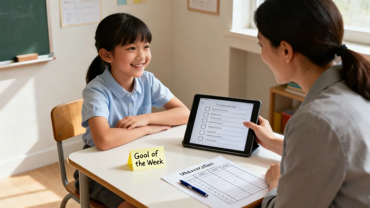 A smiling young girl looks at an adult holding a tablet during a learning session with "Goal of the Week" on the desk.