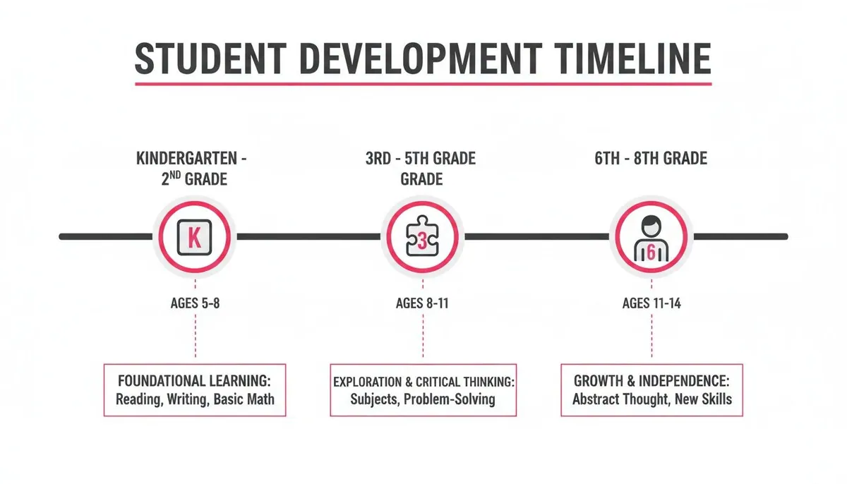 A student development timeline showing educational stages from Kindergarten to 8th grade, with age ranges and learning focuses.