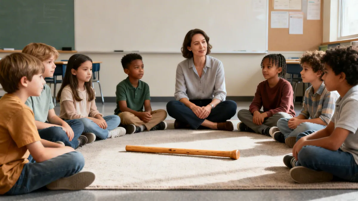A teacher and diverse elementary students sit in a circle on a rug, engaged in a classroom activity.