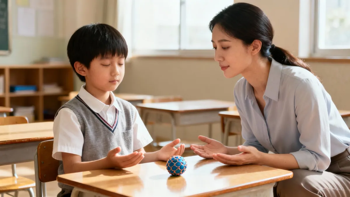 A teacher and student engage in a calming mindfulness exercise with a sensory ball in class.