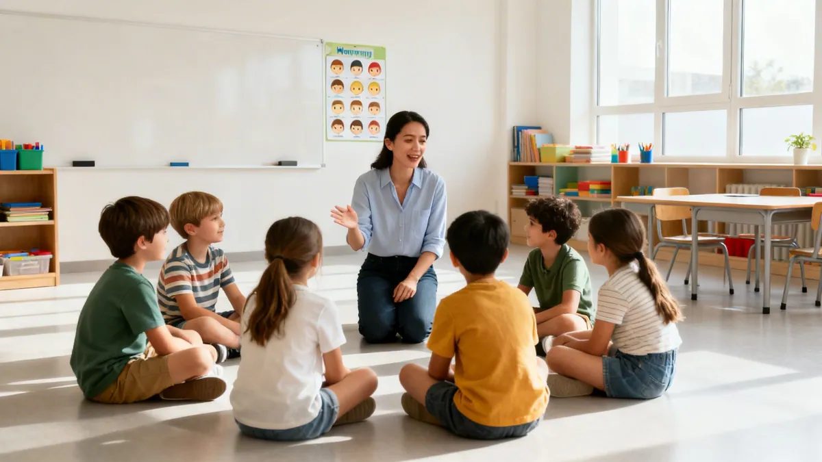 A teacher engages with diverse young students sitting in a classroom circle, fostering social skills development.