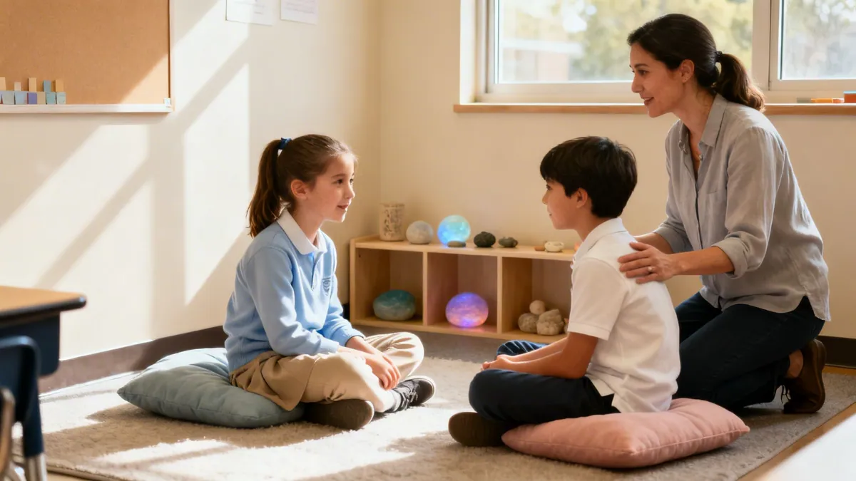A teacher guides two diverse students in a calm classroom discussion, promoting mindful communication.