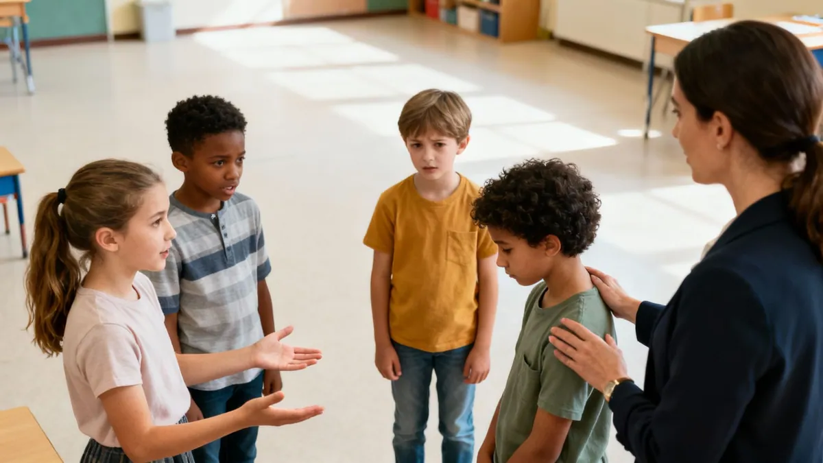 A teacher helps students resolve a conflict in a bright classroom.