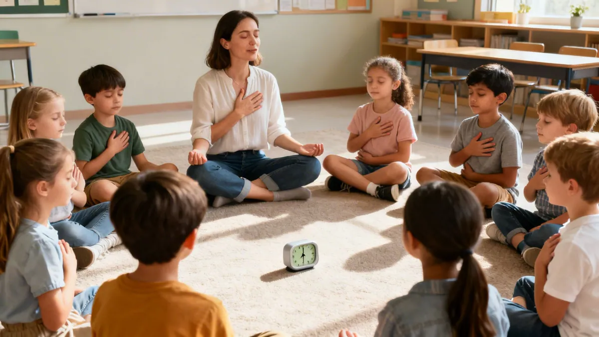 A teacher leads elementary school children in a seated mindfulness meditation in the classroom.
