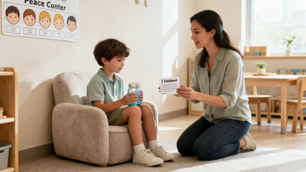 A teacher or therapist teaches emotional intelligence to a young boy using an 'I-Statement' card in a classroom.