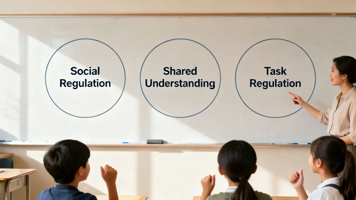 A teacher points to a whiteboard explaining collaborative problem-solving concepts to students in a classroom.