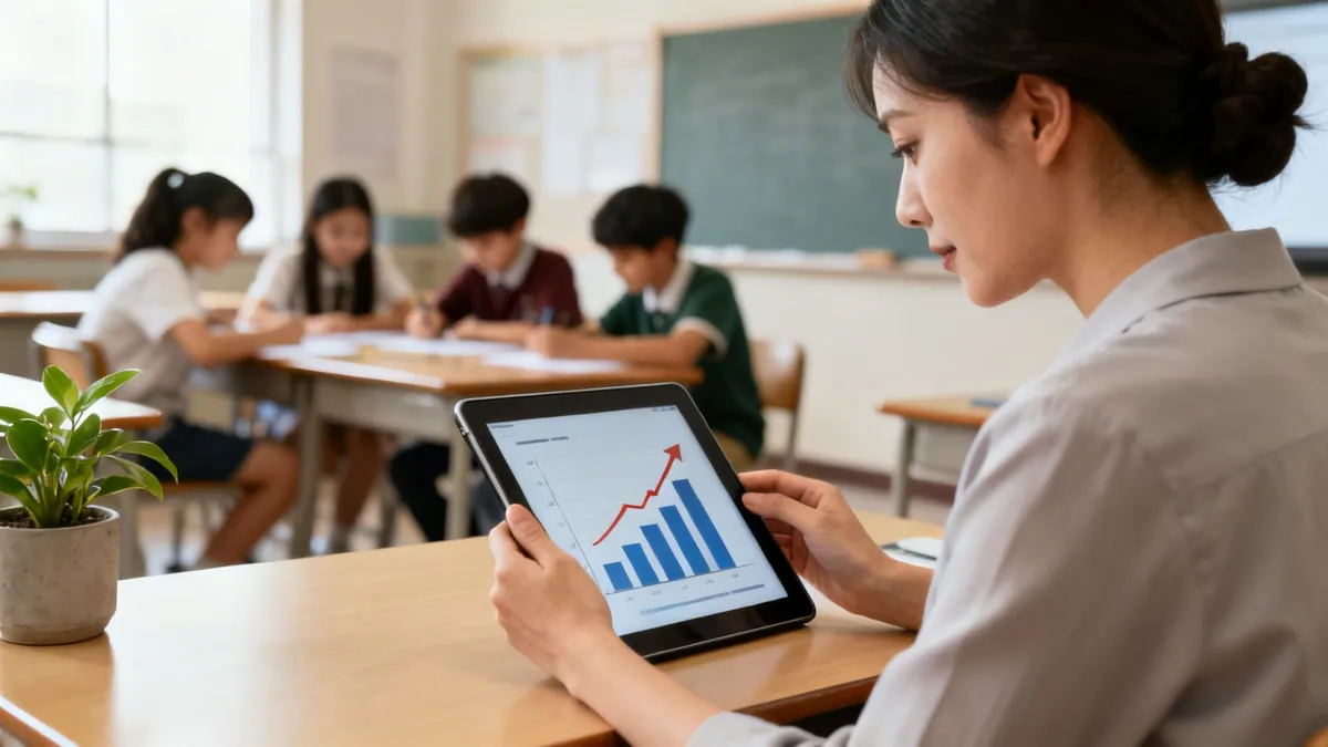 A teacher reviews student progress on a tablet displaying a growth chart in a classroom.