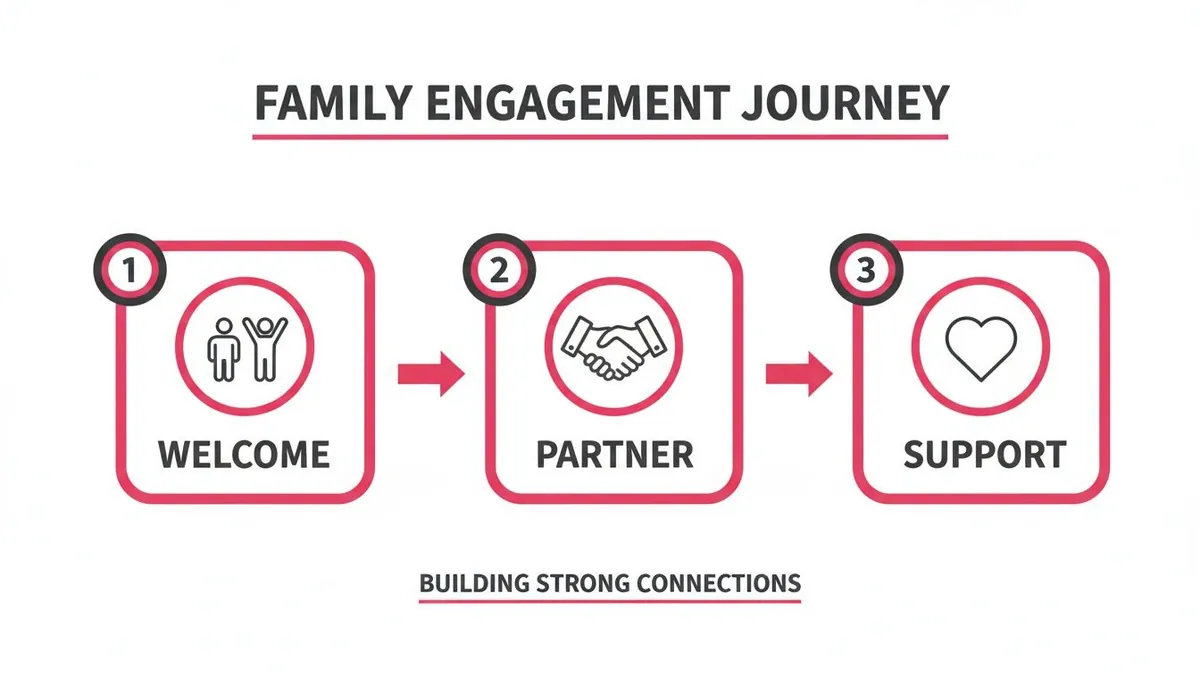 A three-step diagram illustrates the Family Engagement Journey: Welcome, Partner, and Support, emphasizing building strong connections.