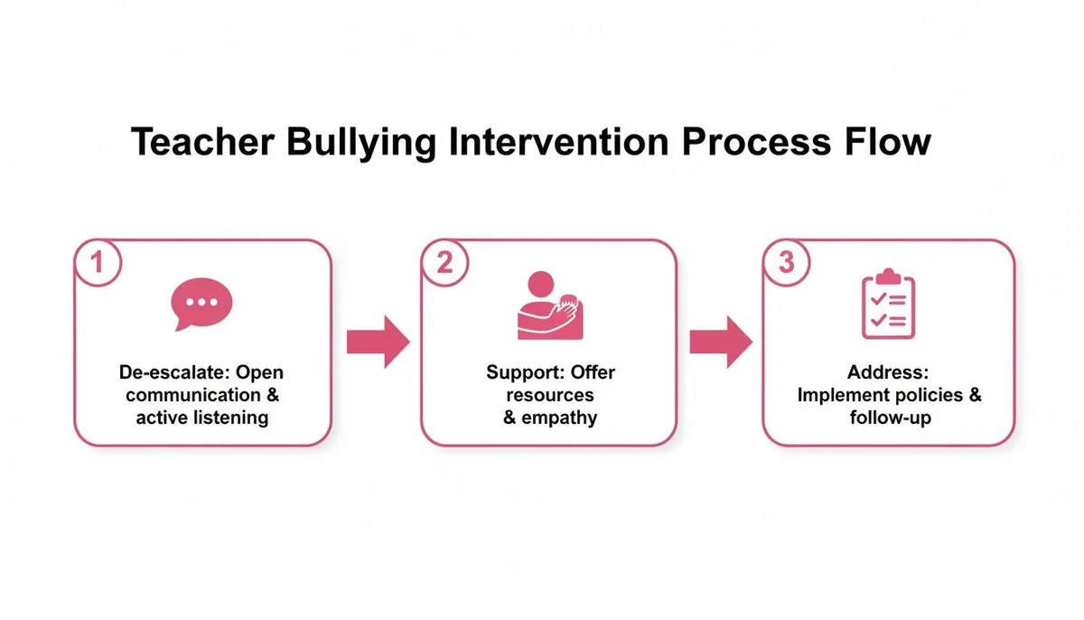 A three-step process flow for teacher bullying intervention: De-escalate, Support, and Address, with icons.