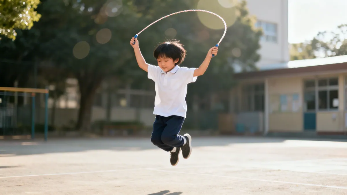 A young Asian boy in a white shirt smiles while jumping rope outdoors in a schoolyard.