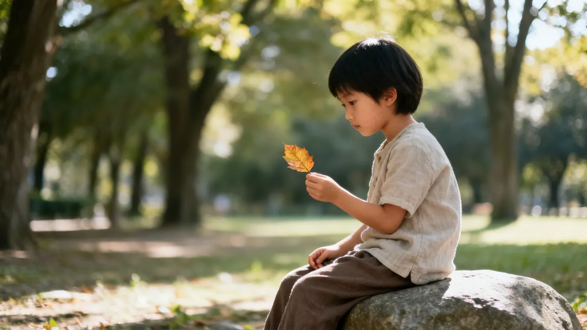 A young Asian boy sits on a rock, observing a vibrant autumn leaf in a sunny park.