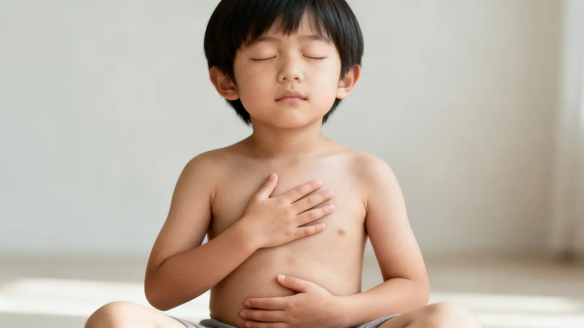 A young Asian boy with closed eyes practices deep breathing, hands on his chest and belly.