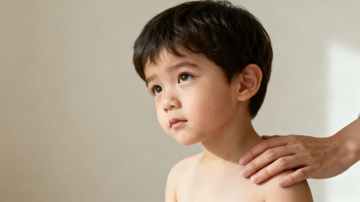 A young Asian boy with dark hair looks upwards, an adult hand rests gently on his shoulder.