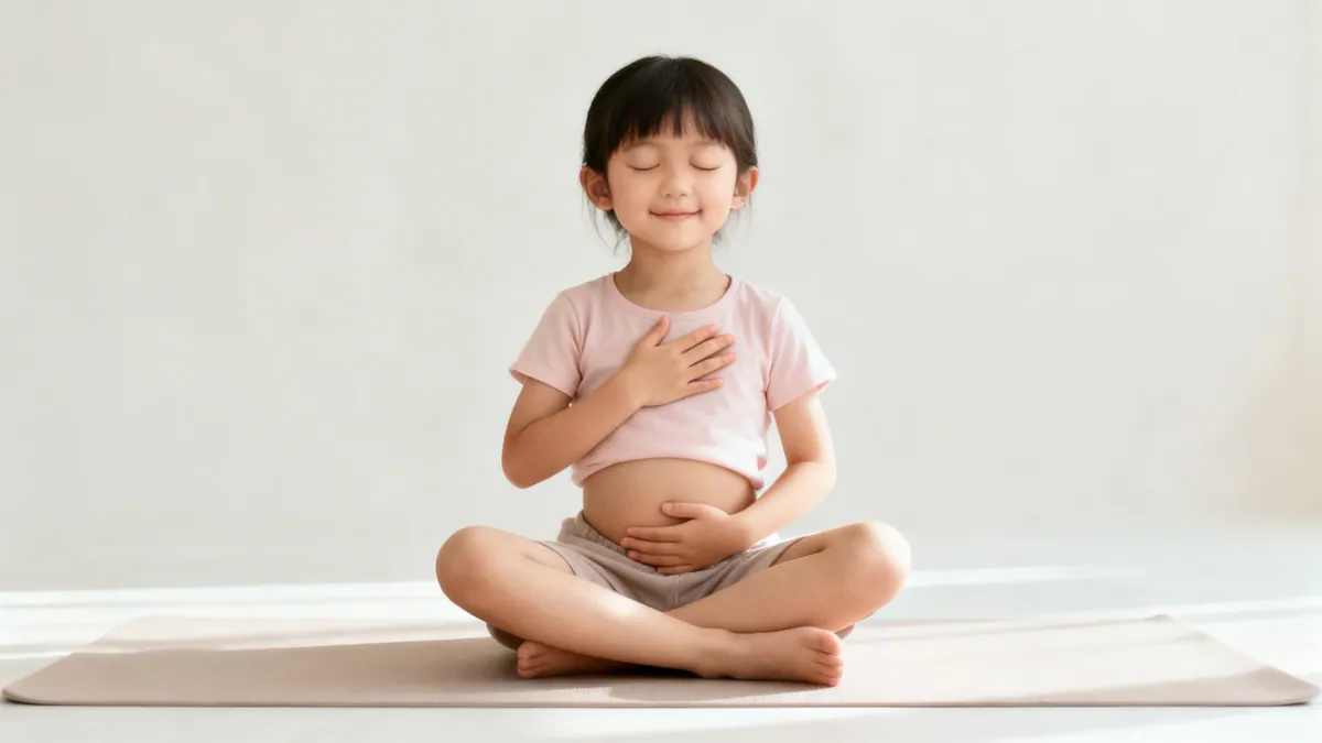 A young Asian girl sits peacefully on a yoga mat with closed eyes, practicing mindfulness.
