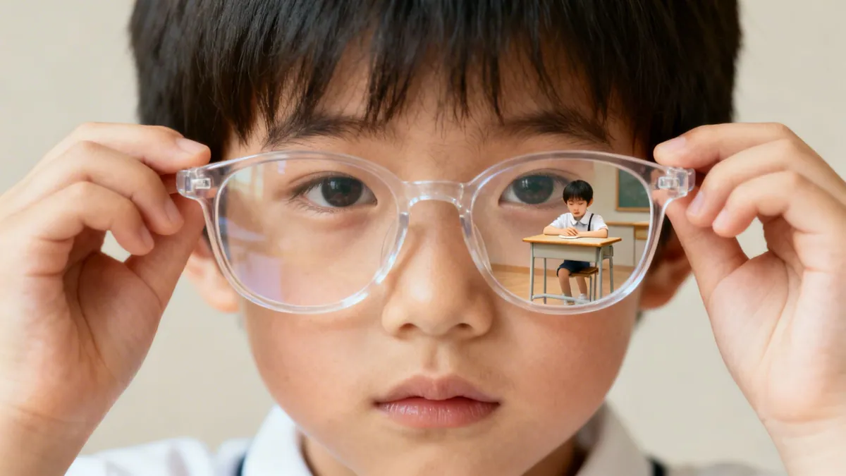 A young boy holds clear glasses revealing a smaller boy studying at a school desk.