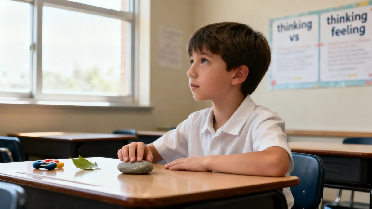 A young boy in a classroom, looking thoughtful, with a stone, leaf, and fidget toy on his desk.