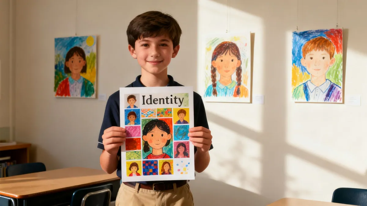 A young boy in a classroom proudly holds up an "Identity" art project.