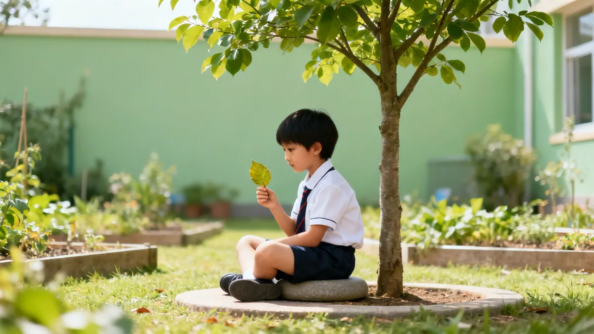 A young boy in school uniform sits under a tree, carefully examining a leaf.