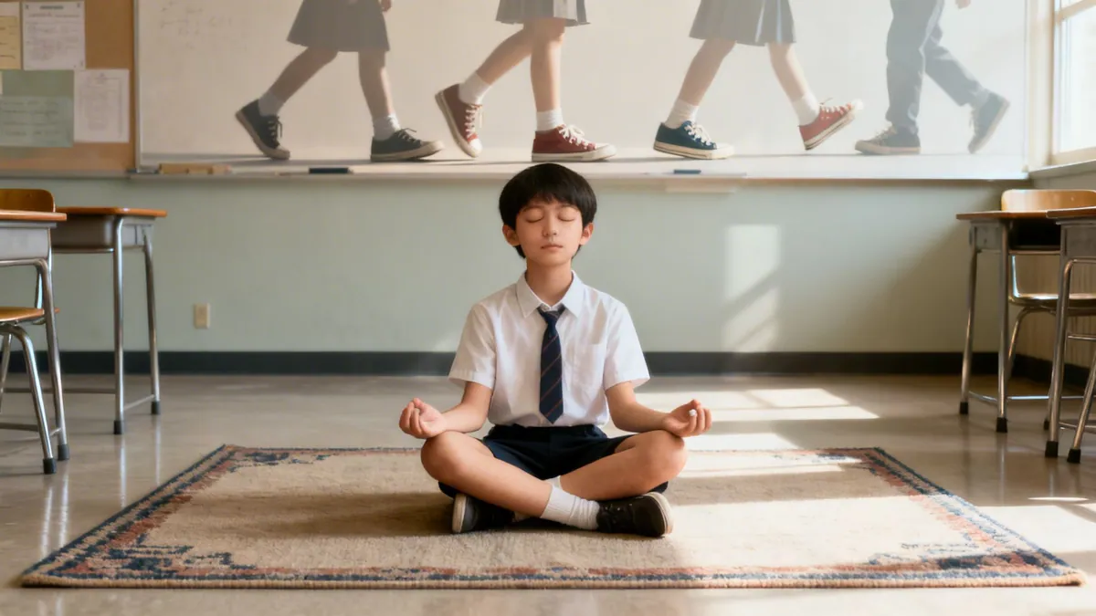 A young boy meditates calmly in a classroom, with blurred legs walking above on a whiteboard.
