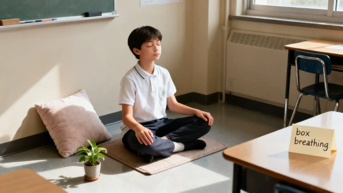A young boy meditates peacefully on a mat in a sunlit classroom, practicing box breathing.