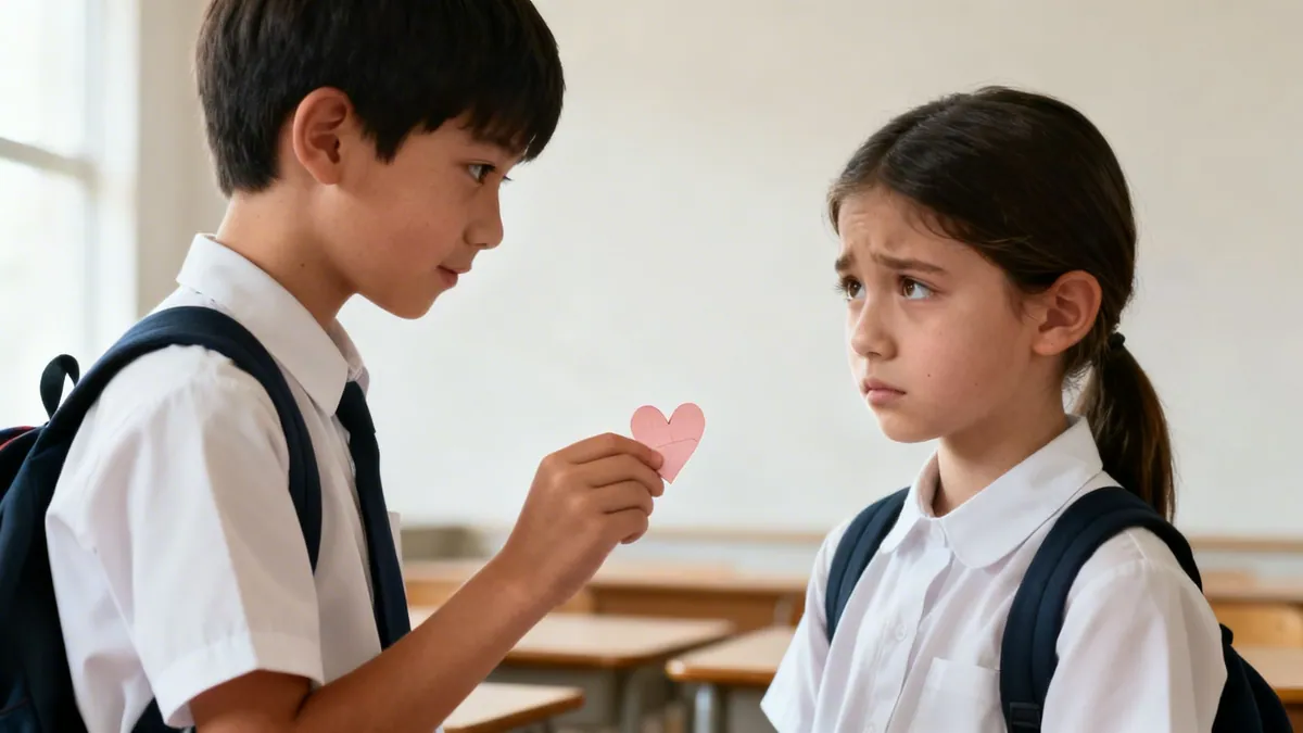 A young boy offers a pink paper heart to a hesitant girl in a classroom setting.