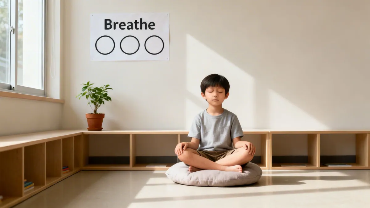A young boy sits cross-legged on a cushion, eyes closed, meditating in a calm room with a 'Breathe' sign on the wall.