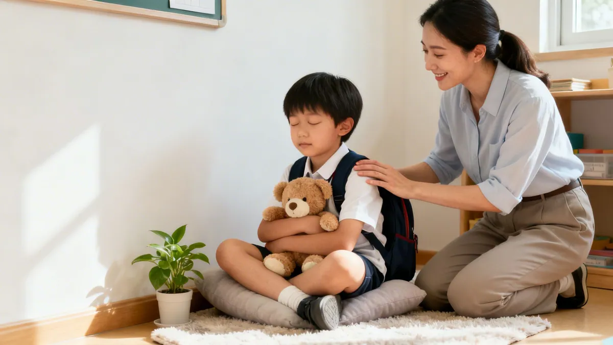 A young boy with a teddy bear, eyes closed, is gently comforted by an adult's hand.