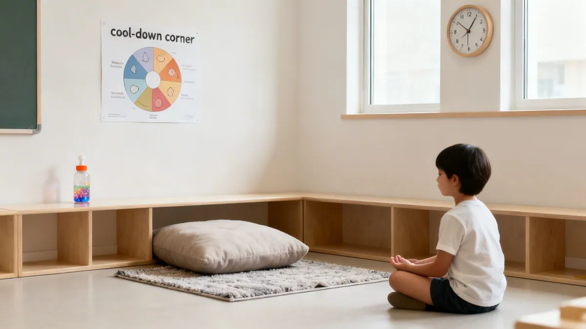 A young child meditates in a calm cool-down corner with an emotional regulation chart.