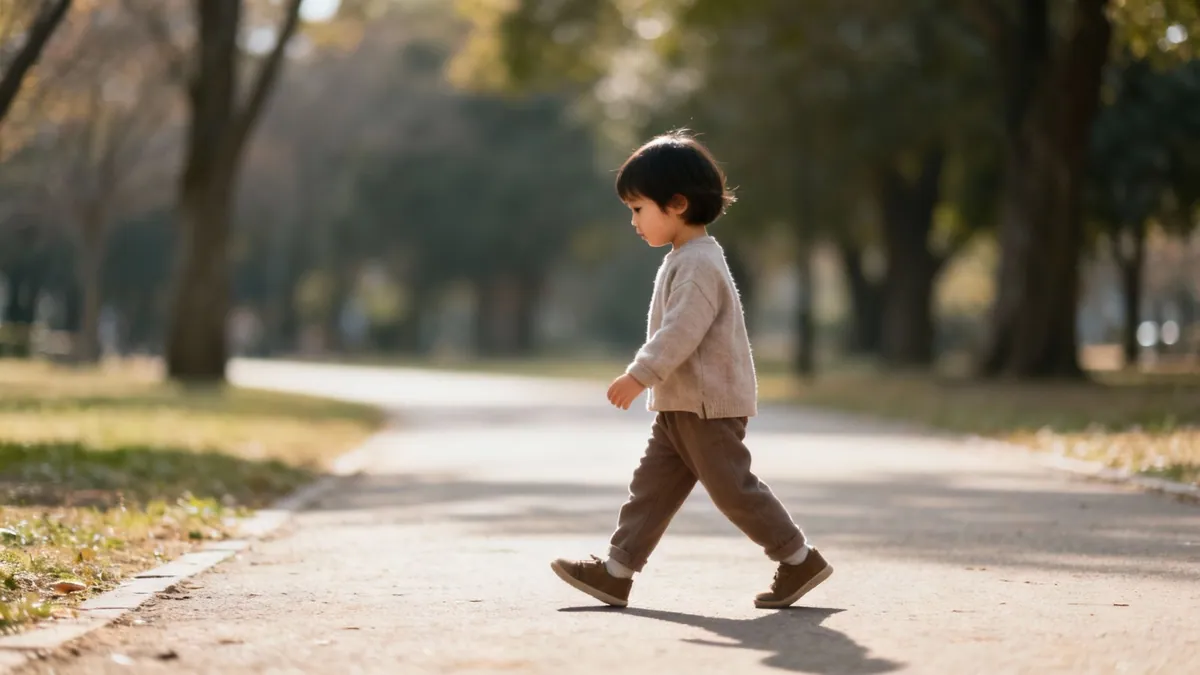 A young child walks alone on a sunlit paved path through a park, enjoying nature.